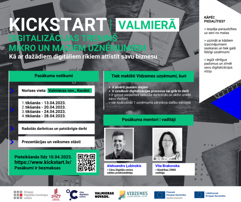 Plakāts: Kickstart digitalizācijas treniņš mikro un maziem uzņēmumiem